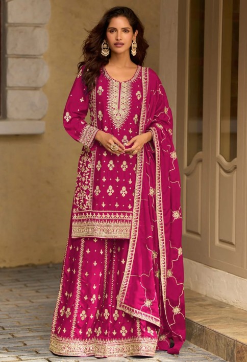 Pink Embroidered, Sequins and Thread Work Chinon Palazzo Salwar Suit
